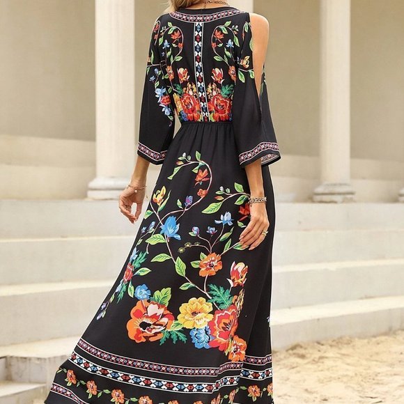 Boho Floral Print Cold Shoulder Split Thigh Maxi Dress Black - Picture 3 of 5